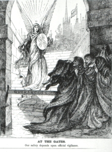 The angel of cleanliness keeping watch at Ellis Island. From Harper's Weekly (1885). National Library of Medicine.